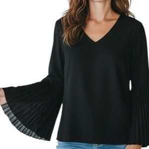 NWT WHBM Black Long Pleated Bell Sleeve V-Neck Blouse Size Small